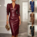 new european and american style fashion v-neck long sleeve fitted leather dress for independent online stores