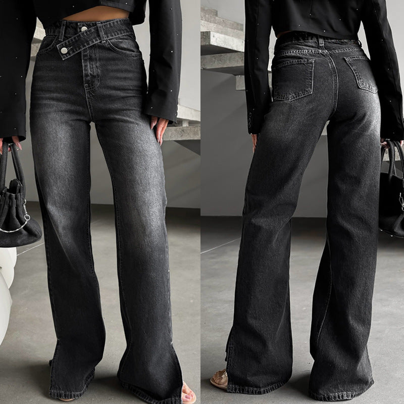 fashion style hot-selling black and gray jeans women's diagonal buckle high waiststraight-leg trousers slit at the hem micro-elastic jeans