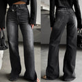 fashion style hot-selling black and gray jeans women's diagonal buckle high waiststraight-leg trousers slit at the hem micro-elastic jeans