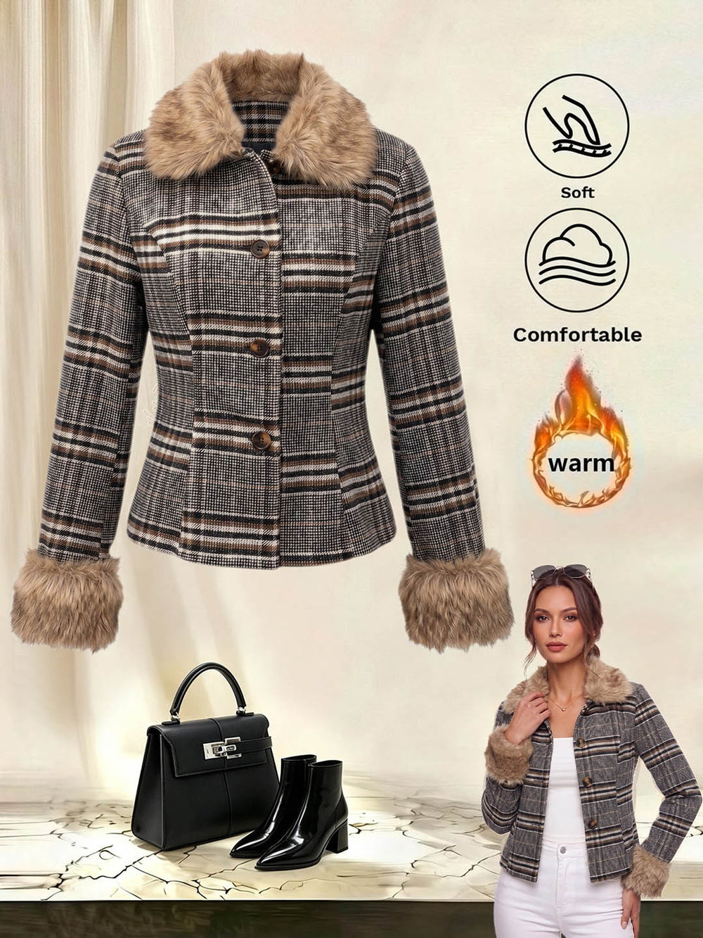 fashion cross-border grids pattern fur collar short outwearretrogrids pattern imitation fur collar cuffs single-breasted silmoutwear