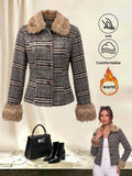 fashion cross-border grids pattern fur collar short outwearretrogrids pattern imitation fur collar cuffs single-breasted silmoutwear