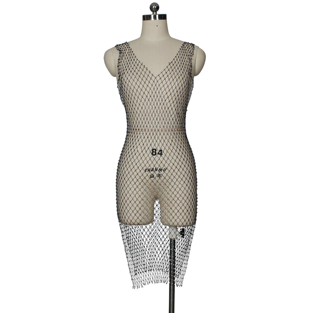 2019  hot seller: european and american style mesh rhinestone double v-neck dress -  sexy beach dress