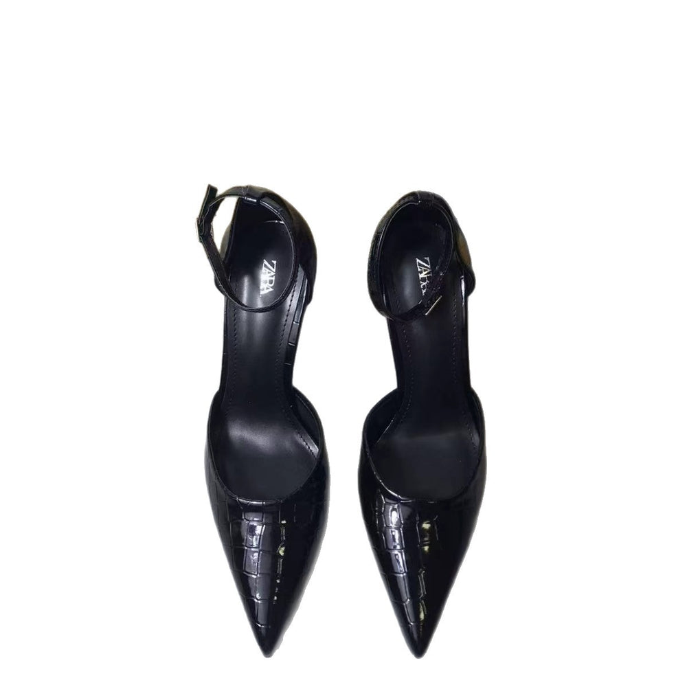 Za 2025 patent leather pointed-toe black high heels - women's stiletto heel cutout thong sandals - versatile professional style