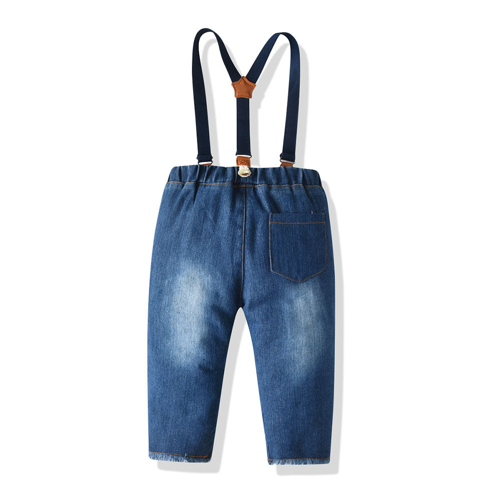 Children's spring & fall korean style european and american solid color trendy jeans, boys' mid-rise elastic waist long pants, kids' distressed jeans