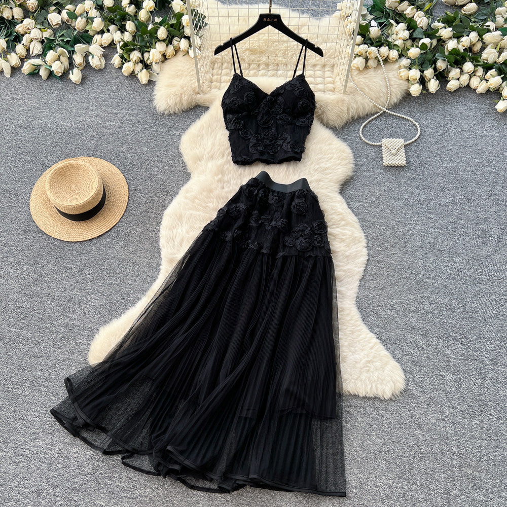 French romantic lace camisole and mesh skirt two-piece set - women's summer slimming chic fashion outfit