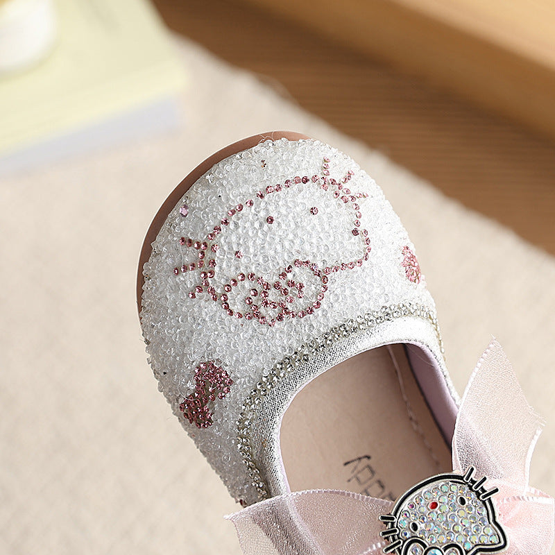 Vancahao girls' fashion rhinestone bow princess shoes, new  children's cartoon performance shoes, leather shoes