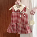 Girls' korean style outerwear dress - sweet plaid fresh summer new bowknot vest princess dress