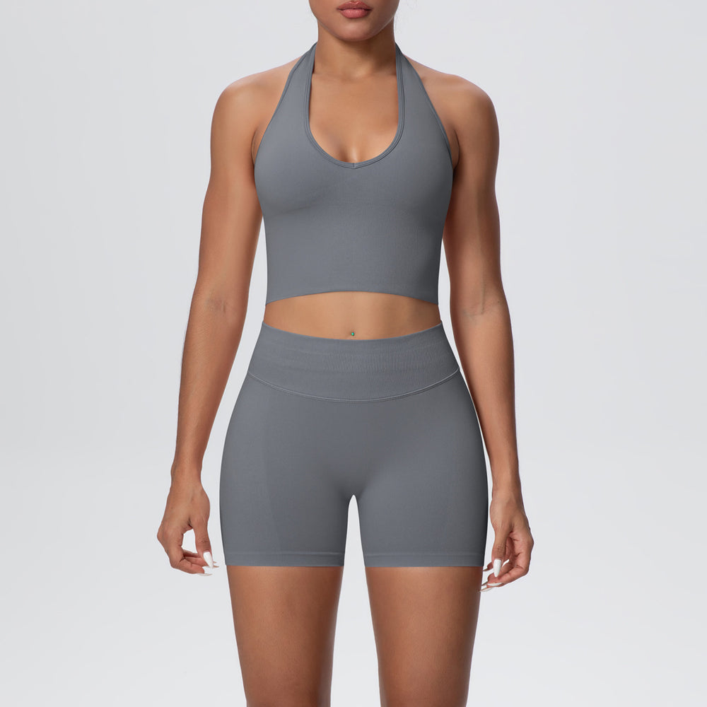 New seamless breathable backless halter bra high-waisted butt-lifting yoga set outdoor running fitness activewear