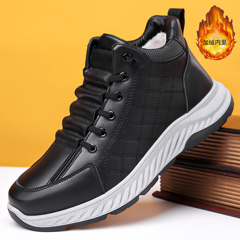 2025 winter men's new collection: fleece-lined, extra-thick casual sneakers, cotton shoes, non-slip, warm, leather upper, chunky sole, dad shoes