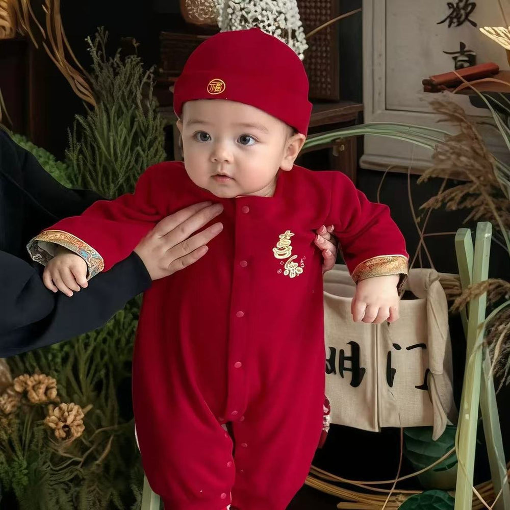 Spring autum jumpsuit baby clothes baby full moon first birthday banquet red festive national style khaki new year anxi crawling suit
