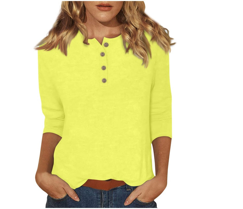 cross-border  women's fashion casual three-quarter sleeve solid color button-down crew neck t-shirt top