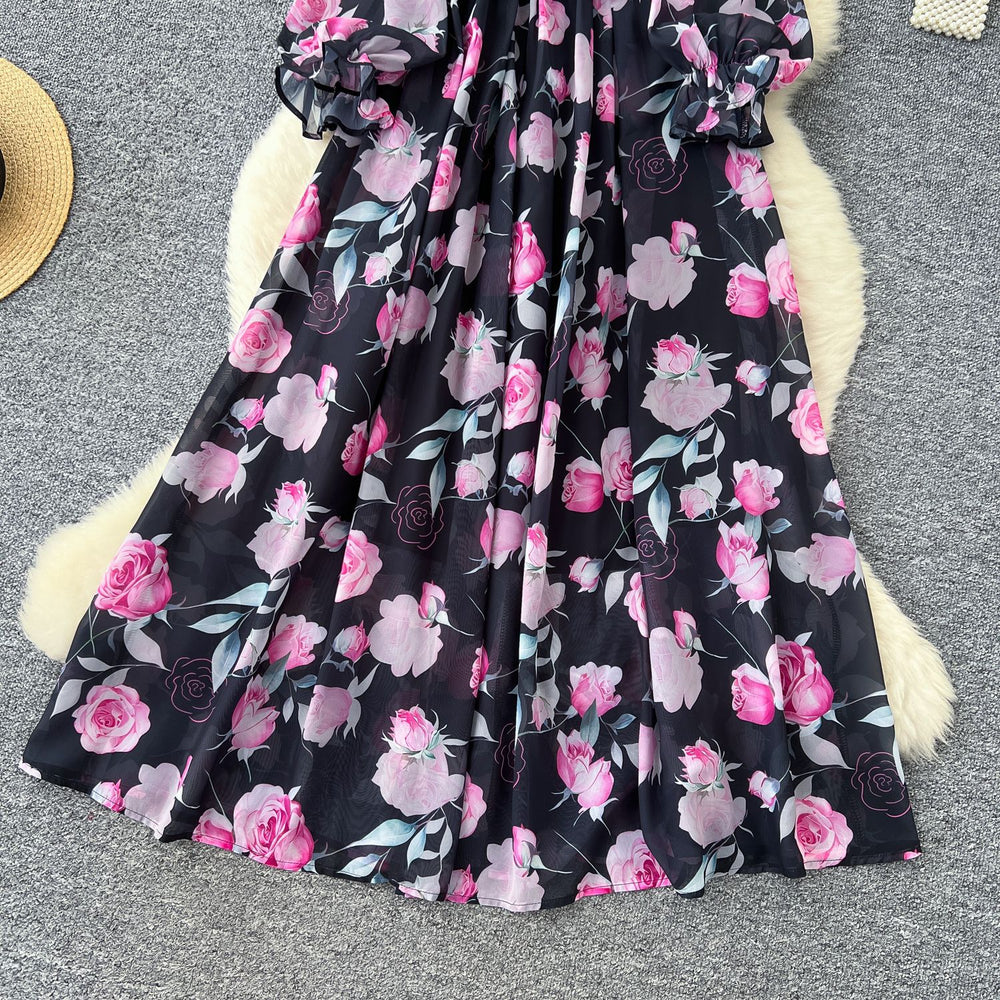French chic high-end elegant dress - new 2025 collection: slimming, figure-flattering, printed chiffon maxi dress with a sophisticated waist
