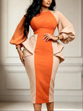 New arrivallong sleeves color block hip wrap one-step skirt lantern sleeve ruffles silmpatchworkwork clothingdress dress