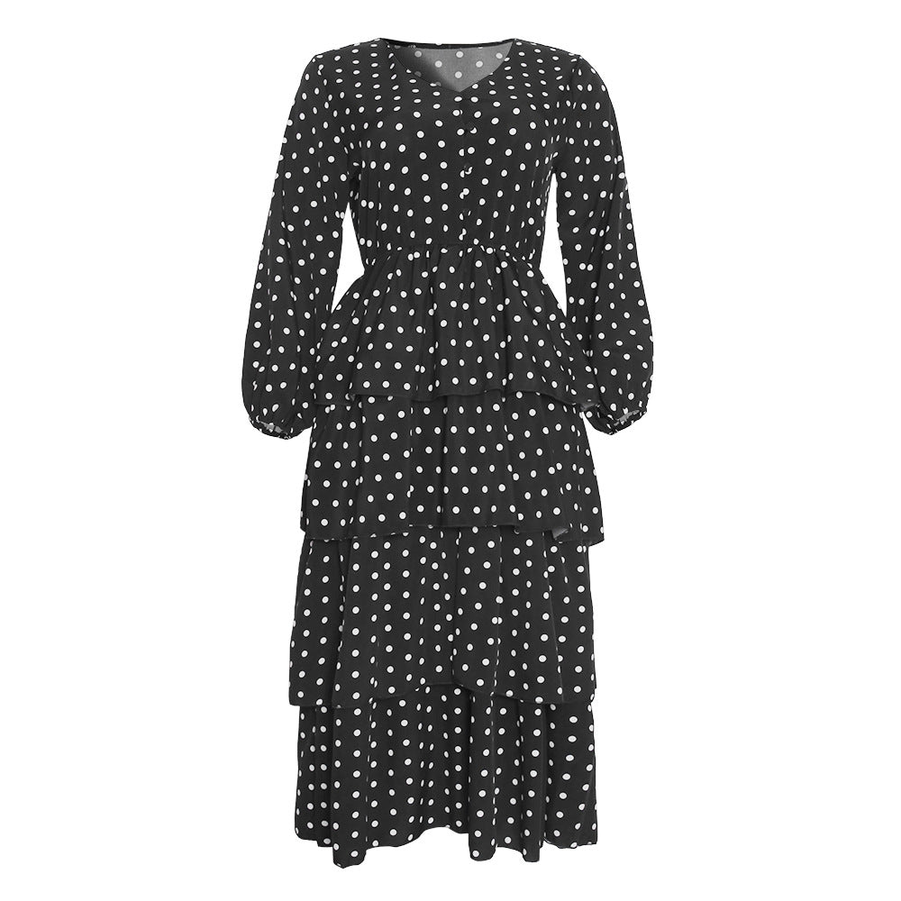 African plus size women's clothing   spring new v-neck waist-cinching polka dot chiffon dress