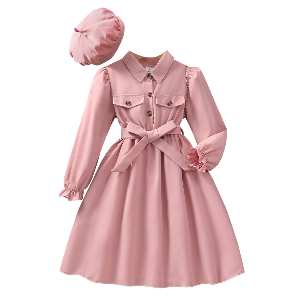 new girls' long-sleeve collared solid color dress with belt and hat