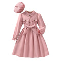 new girls' long-sleeve collared solid color dress with belt and hat
