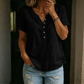 cross-border fashion  women's casual solid color cotton linen short-sleeve half-open v-neck button-down top