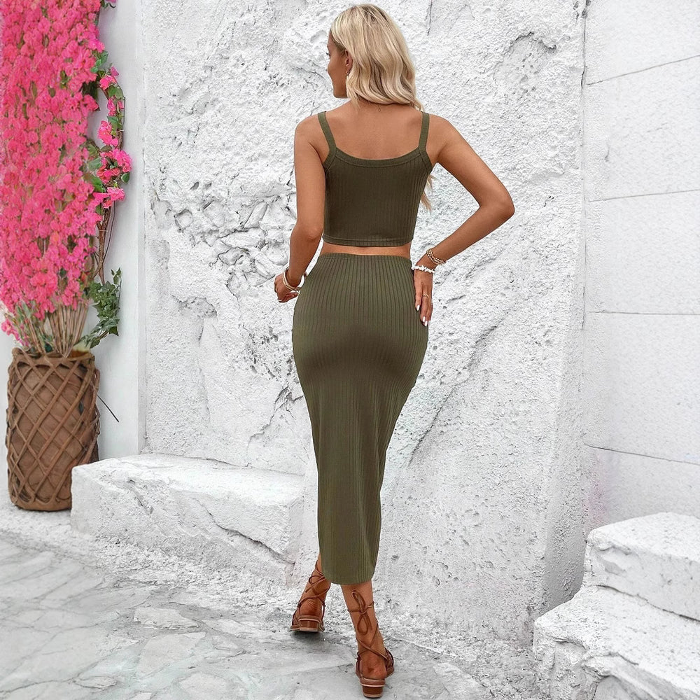 European and american  summer new women's versatile commute fashion set: camisole top & slit midi skirt two-piece outfit