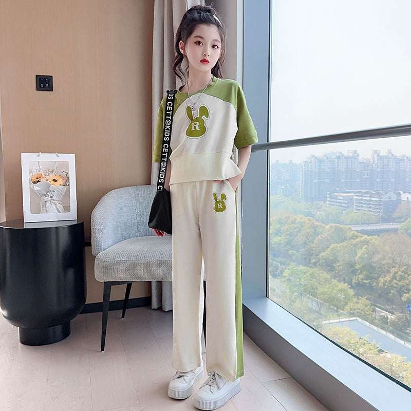 Girls' summer outfit set: wide-leg pants,  new style, trendy and chic, big kids' summer short-sleeve and long-pant two-piece set