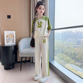 Girls' summer outfit set: wide-leg pants,  new style, trendy and chic, big kids' summer short-sleeve and long-pant two-piece set