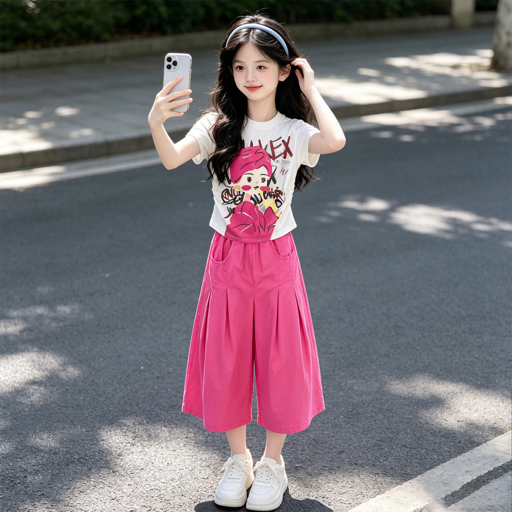 Girls' summer lightweight outfit  new korean style wide-leg pants two-piece set for big girls and toddlers - stylish kids' set