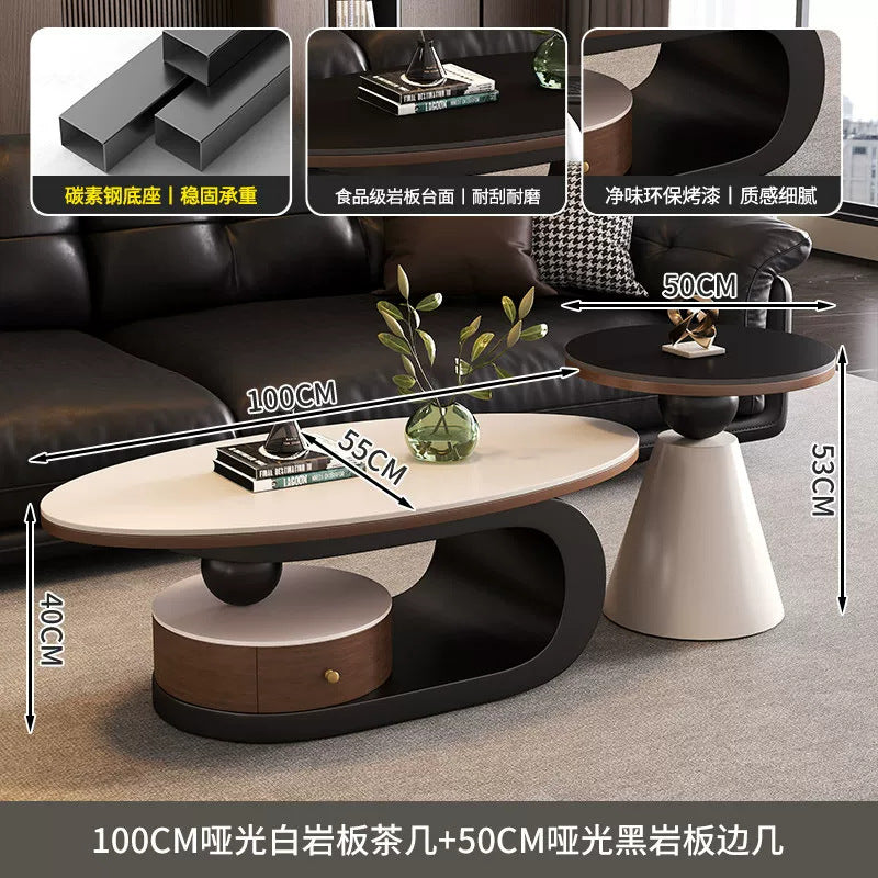 Wabi-sabi style coffee table, oval rock slab combination, small apartment home living room, retro high-end storage design tea table