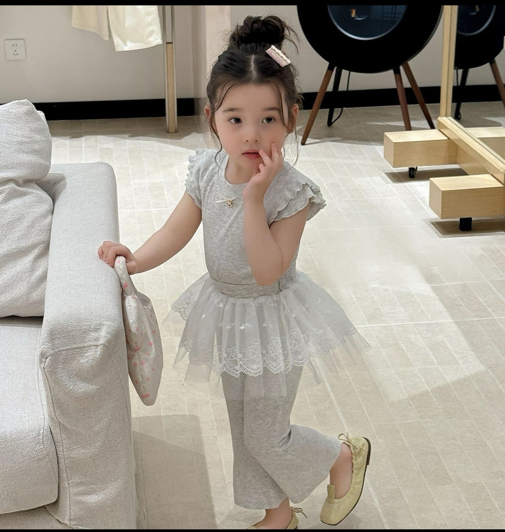 Girls' knitted summer outfit set : korean style cute lace trim straight-leg pants set - trendy