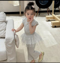 Girls' knitted summer outfit set : korean style cute lace trim straight-leg pants set - trendy