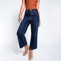 high-quality women's jeans, european and american style, commuter fashion, dark wash, high-waisted, loose wide-leg, slightly flared pants