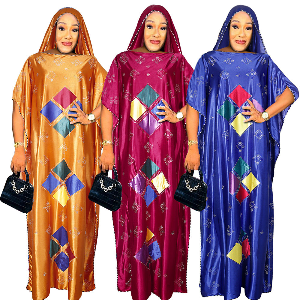 Plus size african robe dress with rhinestone embellishments and headscarf - cross-border supply for