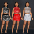 C6891 cross-border   fashion women's sexy rhinestone cutout tank top and mini skirt two-piece set