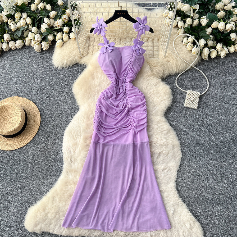 Pure desire style suspender pleated mesh sleeveless dress women's summer flower decoration waist slimmingelegant long dress