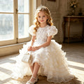 European and american style  girls' dress - high-low hem, train, tiered skirt, bow detail, detachable back - wholesale