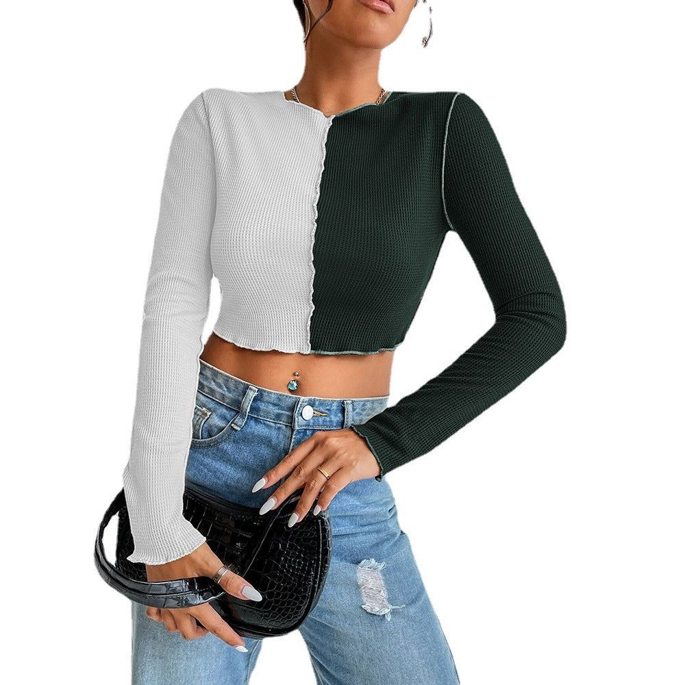 2024 European and American women's clothing contrasting color splicing sewing line exposed short waffle long-sleeved T-shirt autumn and winter versatile top