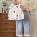 new cross-border baby & toddler country style cotton-like embroidered top with lace trim and washed denim pants set