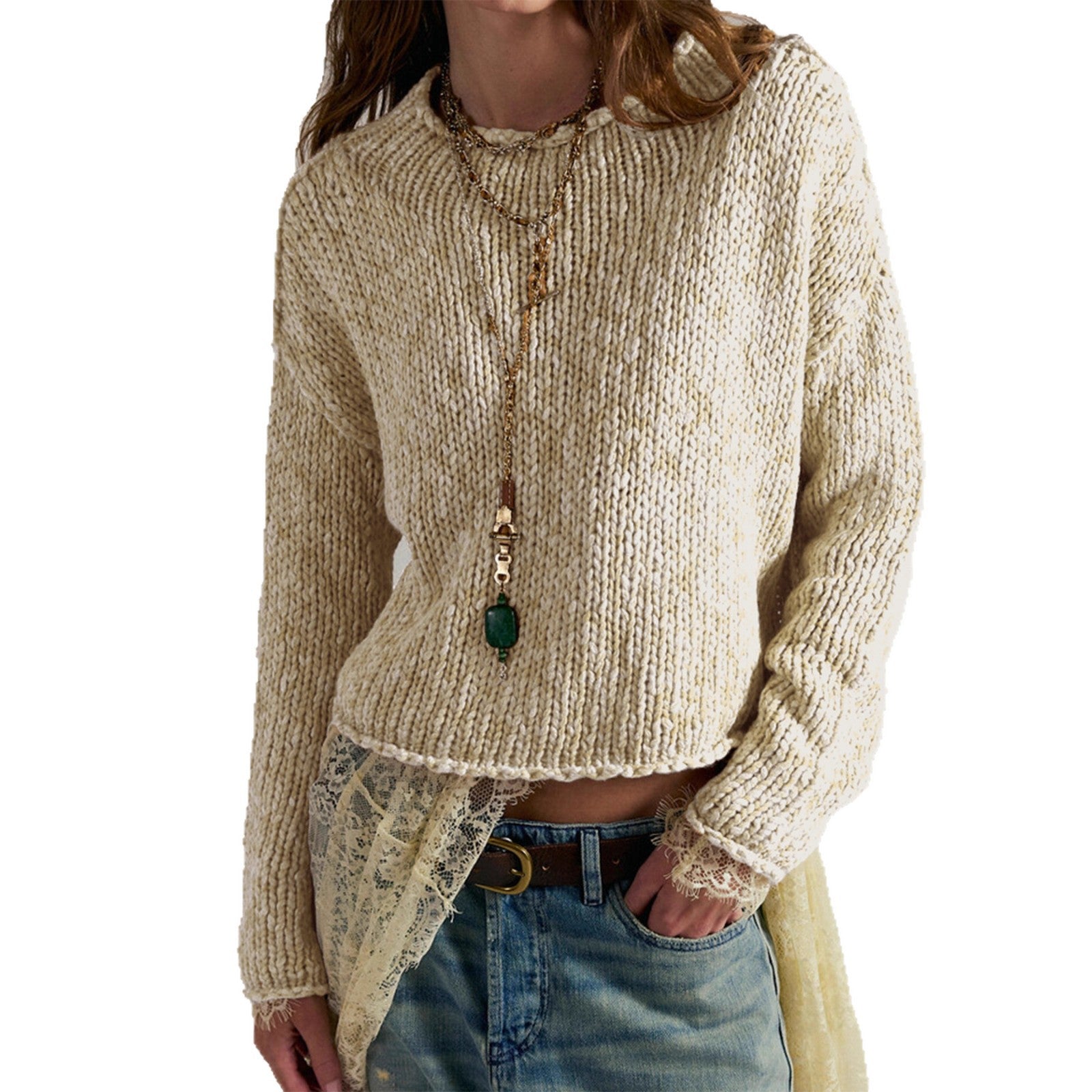 Cross-border Europe, America,  autumn popular women's clothing long-sleeved knitted round neck pullover solid color top high-end sweater