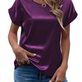 Women's short-sleeve satin blouse - relaxed fit, versatile crew neck, satin shirt - cross-border   new arrival
