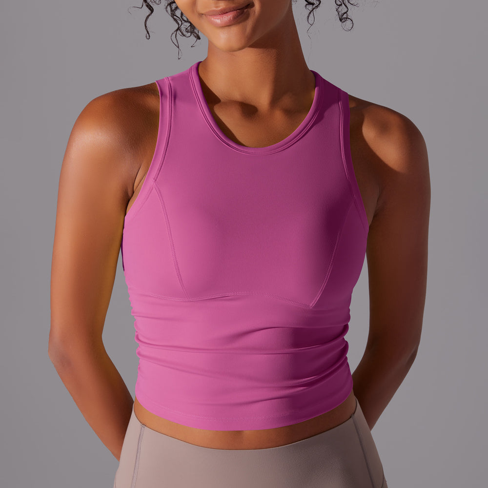 New double-sided nylon solid color slim-fit tummy control crew neck sports tank top running fitness yoga long sleeve top for women