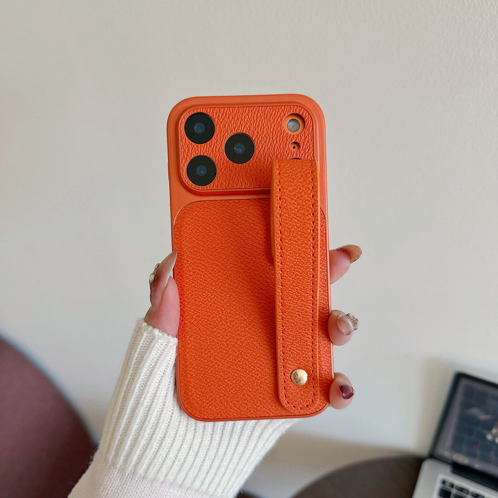 Suitable for apple 16promax to turn into 17 small v pattern plain leather wristband mobile phone case iphone17pro anti-fall case 14