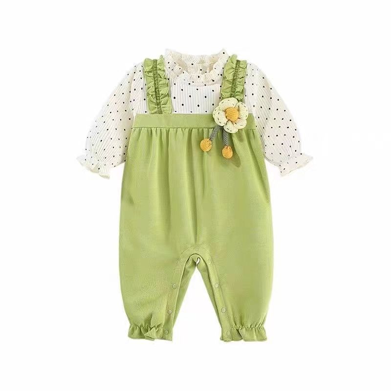 Baby girl's autumn outfit: polka dot & 3d floral long-sleeve romper - newborn infant clothes, super cute new style, trendy onesie