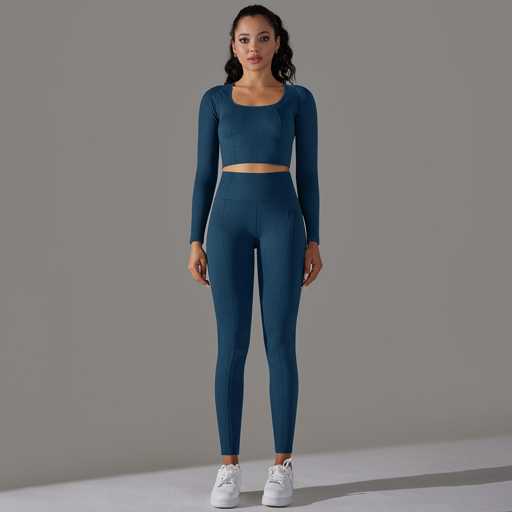 European and american cross-border seamless multi-organic jacquard yoga set - long sleeve top & high-waisted butt-lifting leggings - activewear
