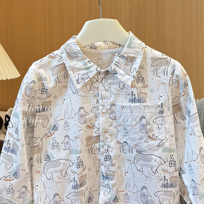 Boys' long-sleeve shirt - spring/autumn  collection - baby shirt, children's clothing, toddler & little kid's lapel collar cartoon all-over print shirt - trendy style