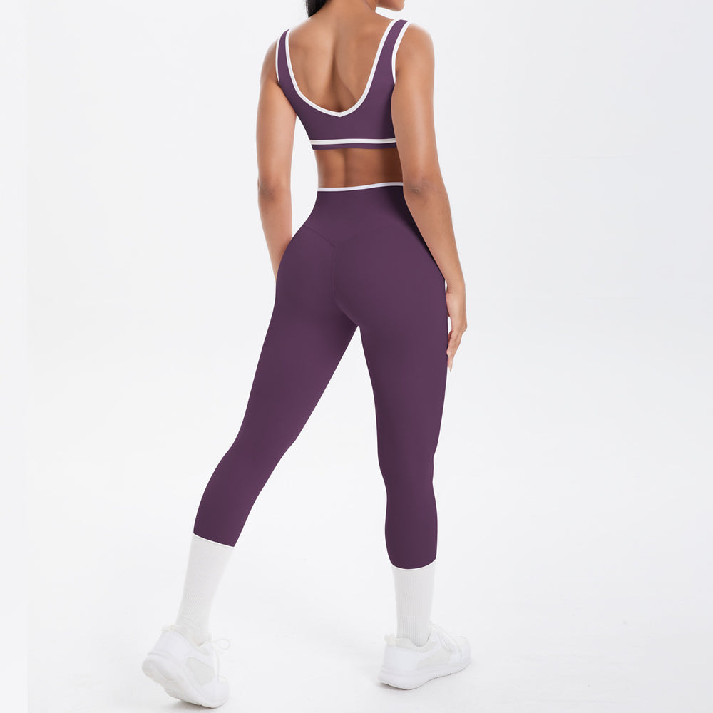 New arrival cross-border brushed contrast color tight breathable cross wide-leg yoga suit sports running fitness two-piece set