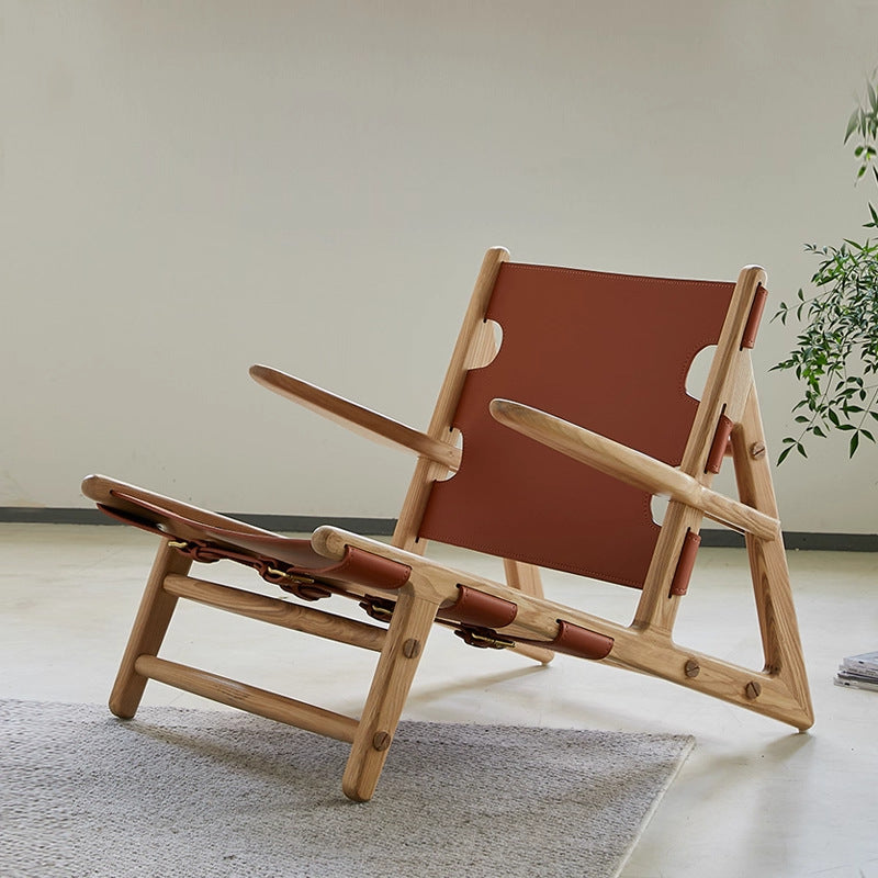Hunting chair solid wood single sofa chair designer saddle leather casual chair living room retro chair balcony back chair