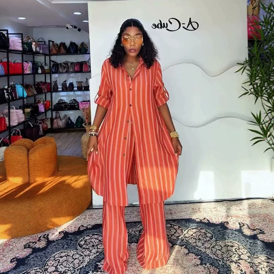 European and american cross-border women's fashion:  summer new arrival - stylish and elegant long striped shirt top and wide-leg pants set