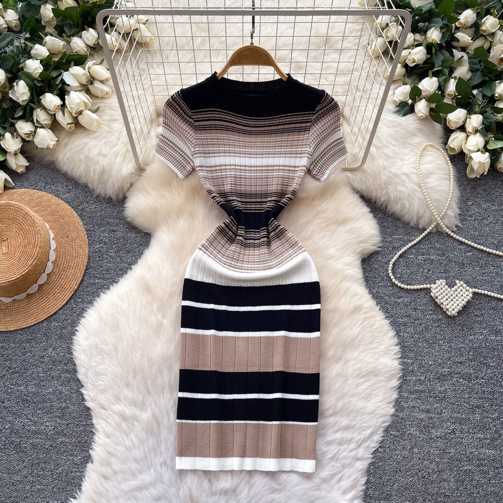 Korean style color block striped knit dress - women's 2026 summer slim fit short sleeve a-line dress - commute chic