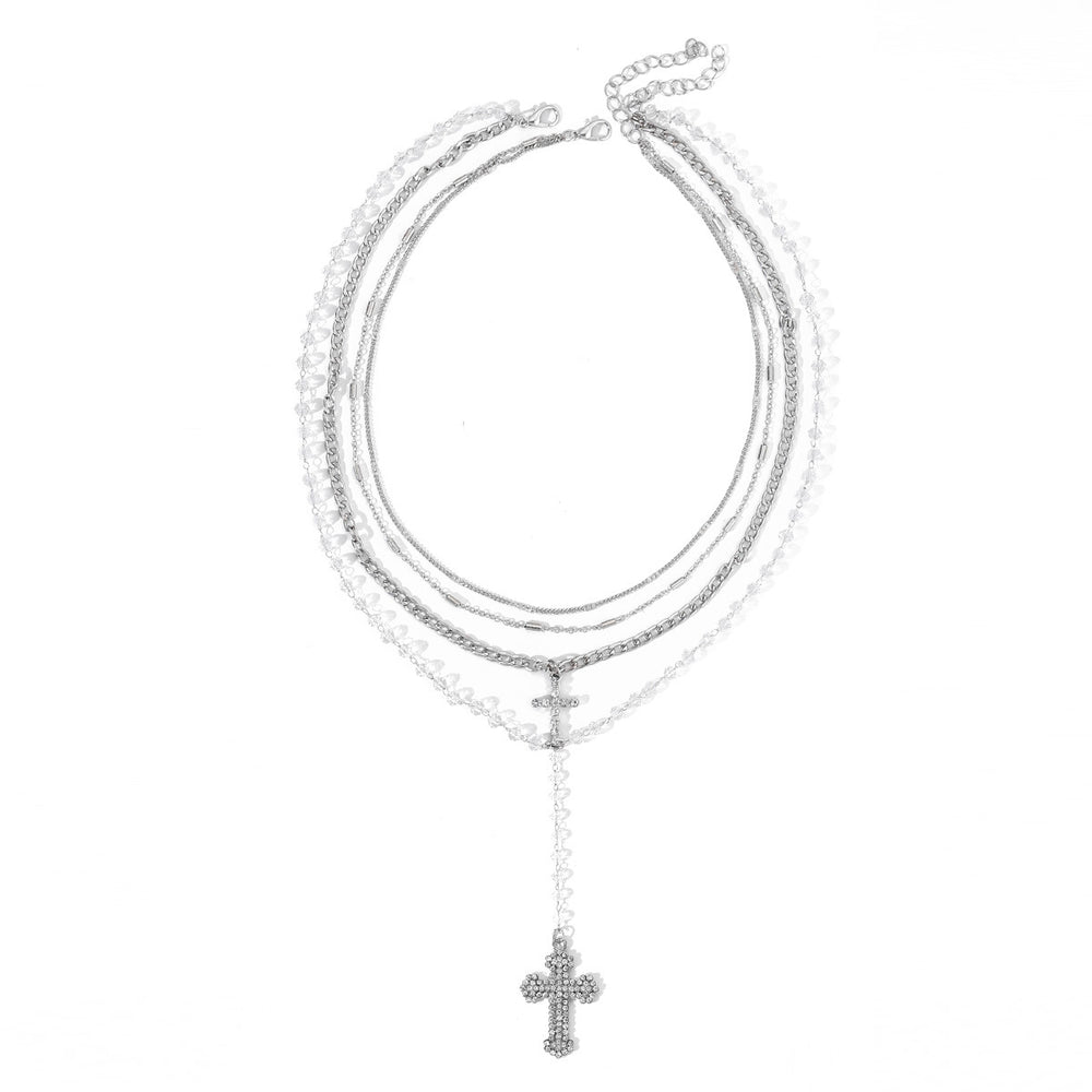 Cross pendant necklace women's european and american niche design multi-layered wearing light luxury diamond-set ins style y-shape clavicle chain