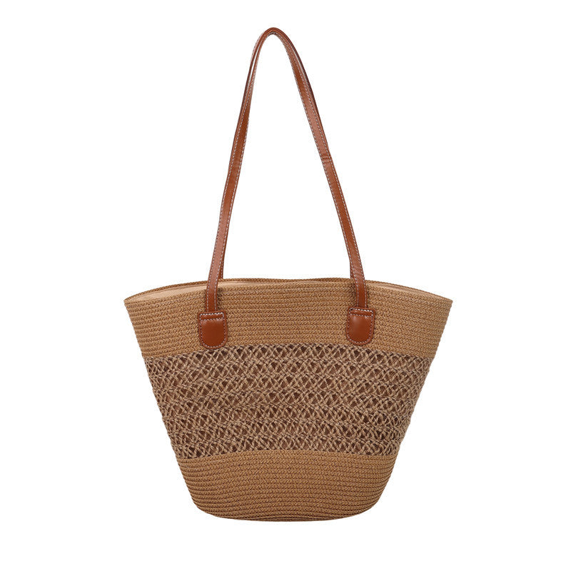 Large capacity straw woven bag women's new patchwork striped handbag fashionable knitted bag high-end tote beach bag
