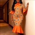 fashion daisy print dress - bow accent, flared sleeves, slim fit mermaid tail evening gown