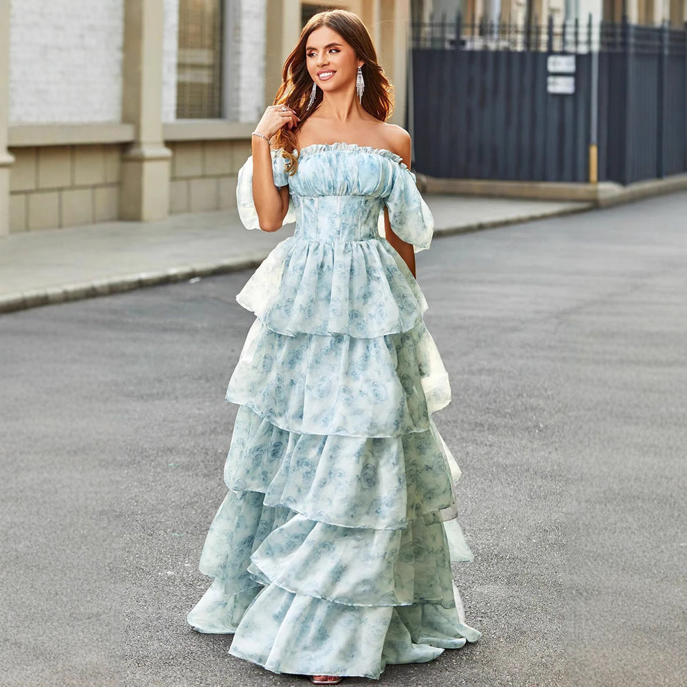 Pastoral style sweet cake skirt fashion puff sleeves short sleeves tie back waist plain floral fairy dress long skirt